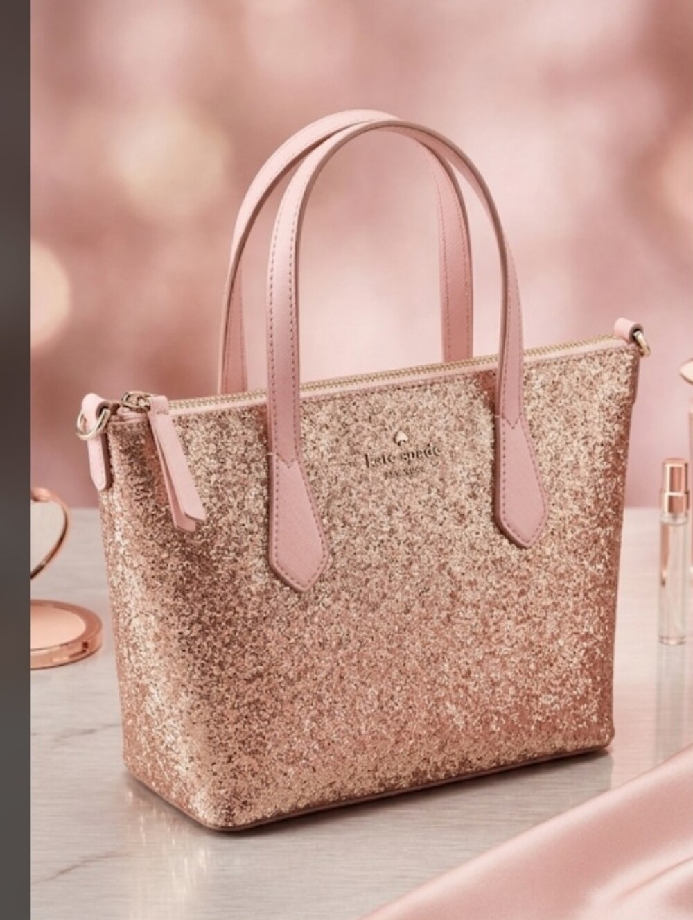 NWT kate spade Joeley Rose Gold Glitter Small Satchel